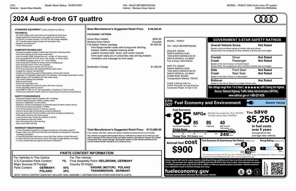 used 2024 Audi e-tron GT car, priced at $56,075