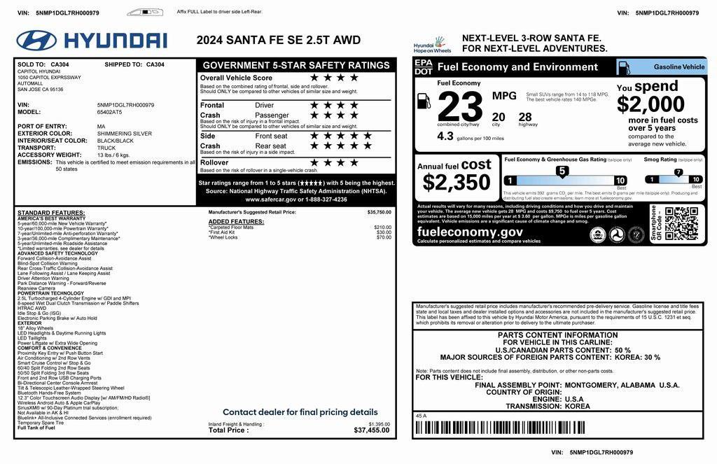 used 2024 Hyundai Santa Fe car, priced at $26,575