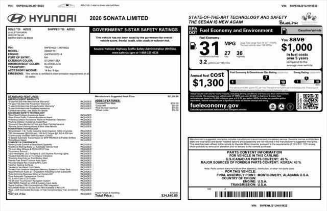 used 2020 Hyundai Sonata car, priced at $17,873