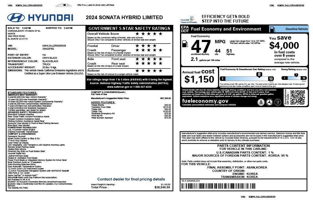 used 2024 Hyundai Sonata Hybrid car, priced at $27,675