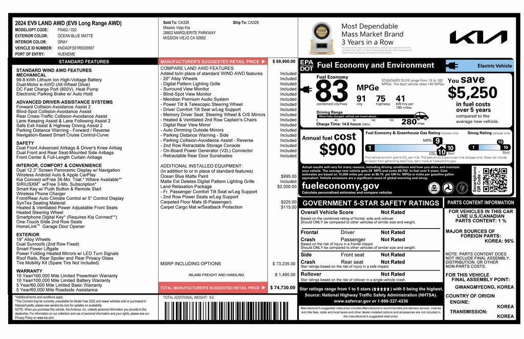used 2024 Kia EV9 car, priced at $42,075