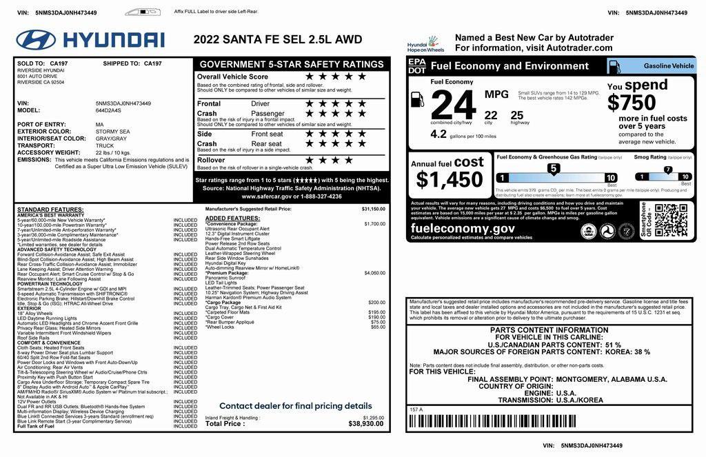 used 2022 Hyundai Santa Fe car, priced at $22,275