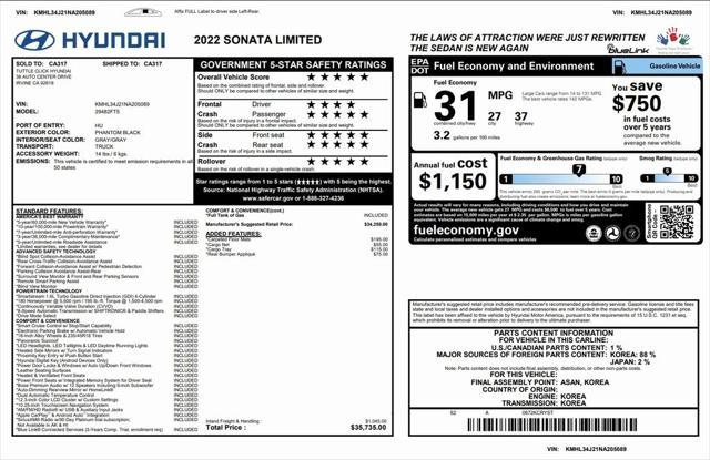 used 2022 Hyundai Sonata car, priced at $26,973