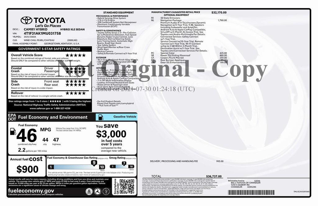 used 2021 Toyota Camry Hybrid car, priced at $28,073