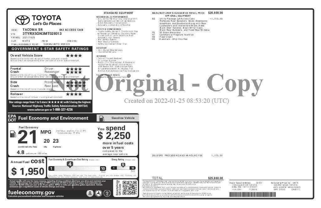 used 2021 Toyota Tacoma car, priced at $23,973