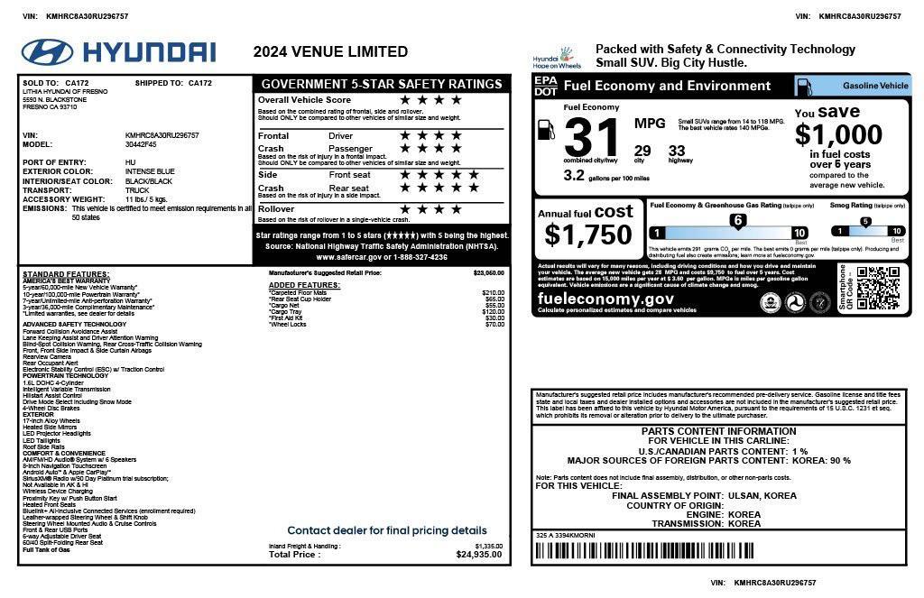 used 2024 Hyundai Venue car, priced at $17,075