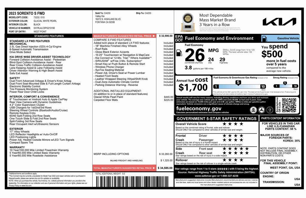 used 2023 Kia Sorento car, priced at $26,075