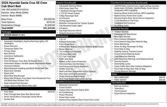 new 2026 Hyundai SANTA CRUZ car, priced at $30,854