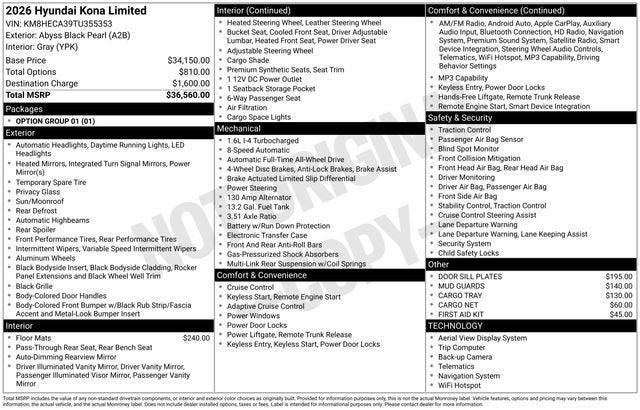 new 2026 Hyundai Kona car, priced at $33,605