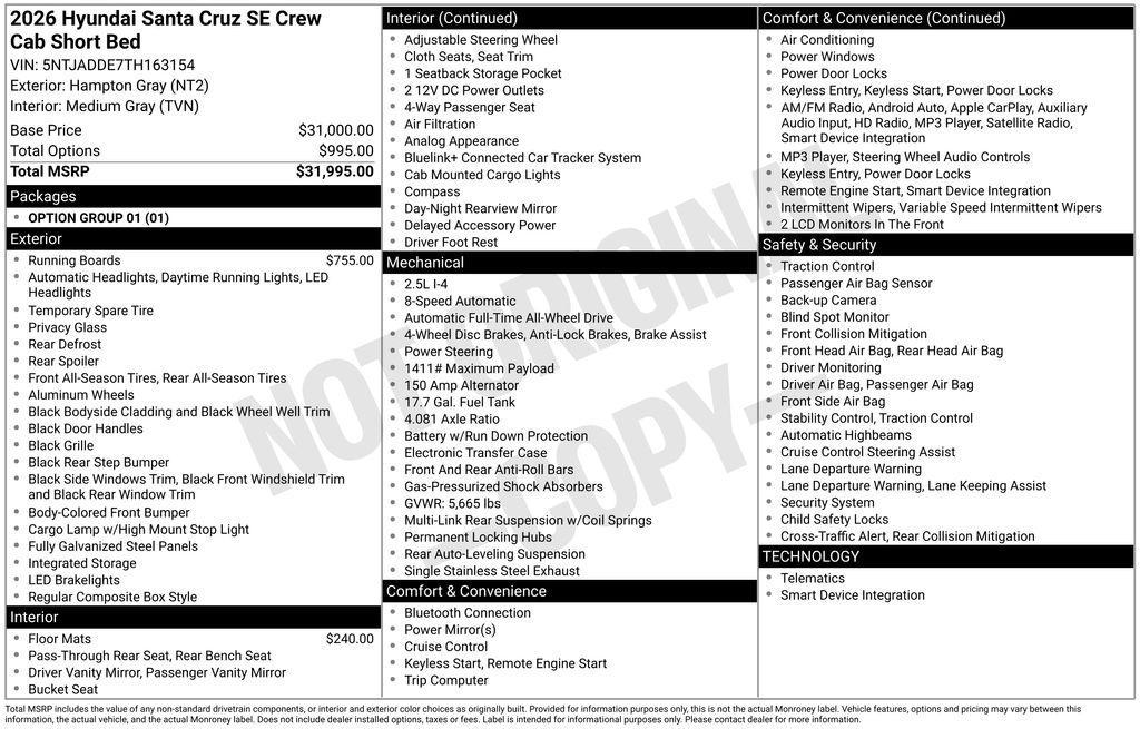 new 2026 Hyundai SANTA CRUZ car, priced at $30,905