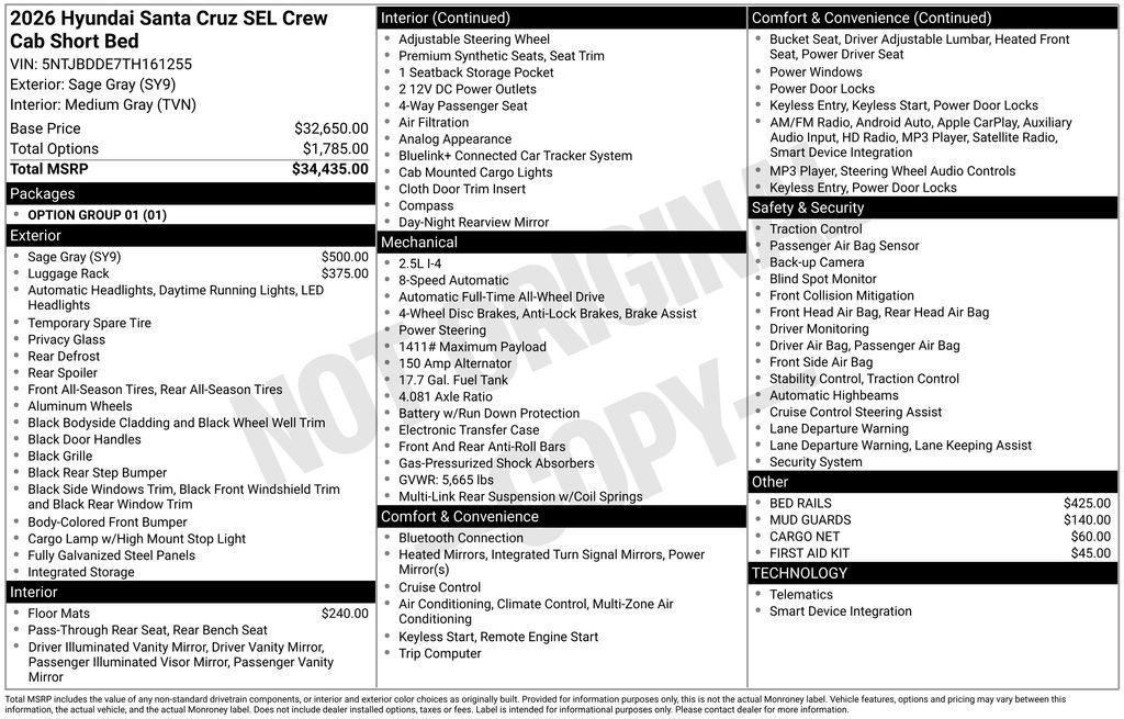 new 2026 Hyundai SANTA CRUZ car, priced at $35,535