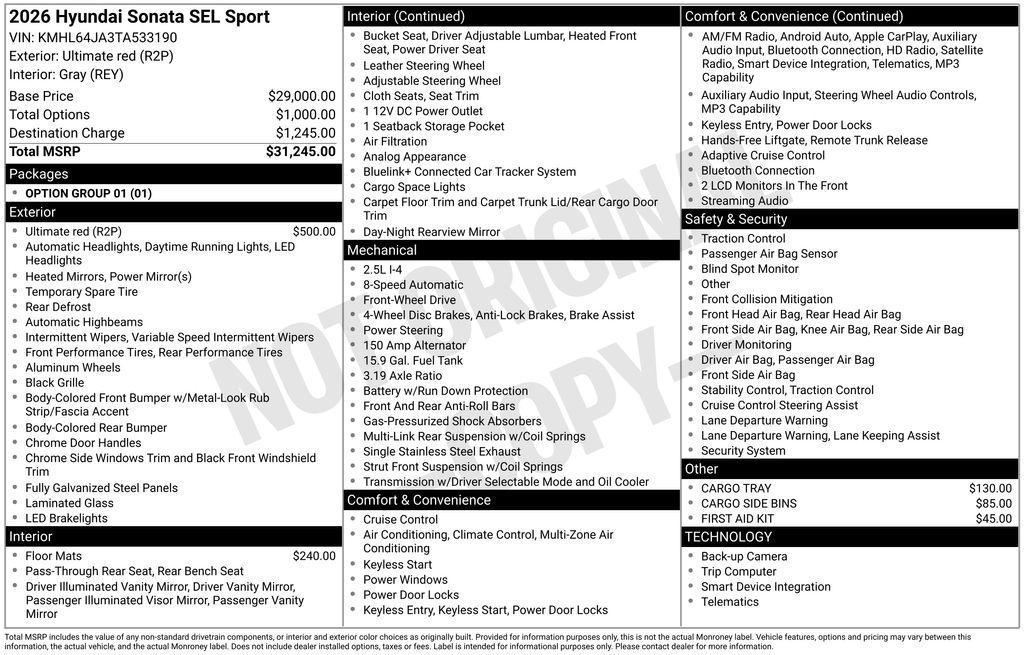 new 2026 Hyundai Sonata car, priced at $29,782