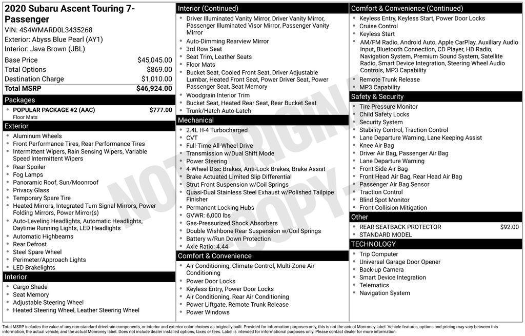used 2020 Subaru Ascent car, priced at $27,977