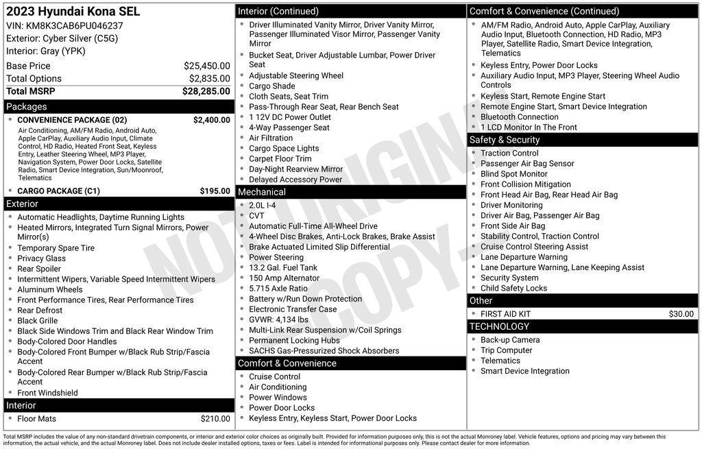 used 2023 Hyundai Kona car, priced at $24,009