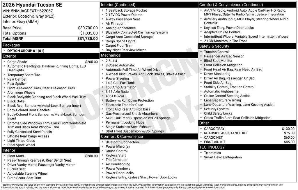new 2026 Hyundai Tucson car, priced at $31,565