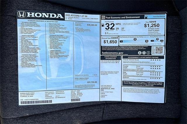 new 2025 Honda Accord car, priced at $31,755