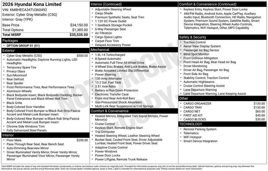 new 2026 Hyundai Kona car, priced at $36,068