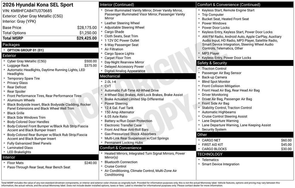 new 2026 Hyundai Kona car, priced at $30,095