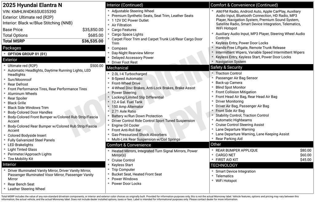 new 2025 Hyundai ELANTRA N car, priced at $36,976