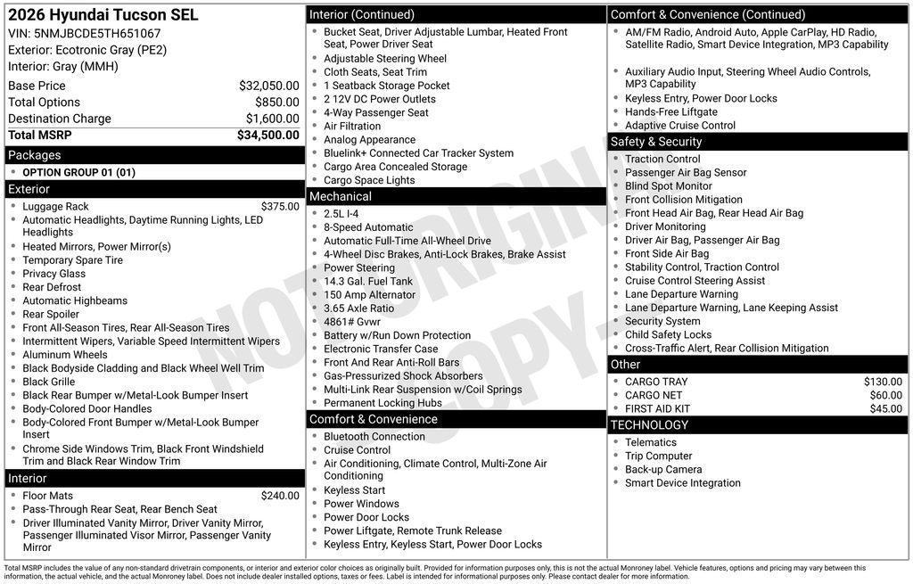 new 2026 Hyundai Tucson car, priced at $33,697
