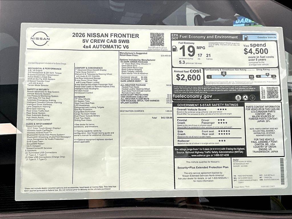 new 2026 Nissan Frontier car, priced at $40,002