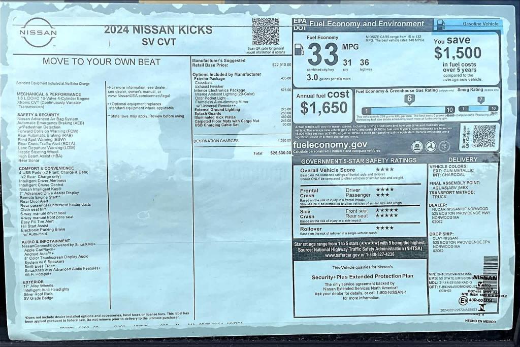 new 2024 Nissan Kicks car, priced at $26,630