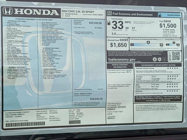 new 2024 Honda Civic car, priced at $26,645