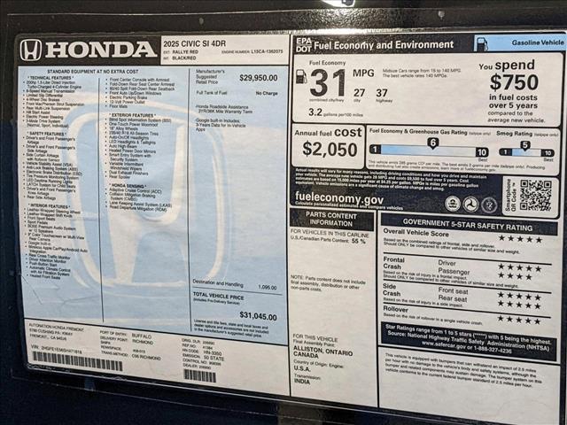 new 2025 Honda Civic Si car, priced at $31,045