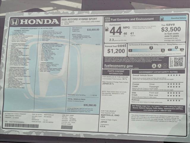 new 2025 Honda Accord Hybrid car, priced at $33,975