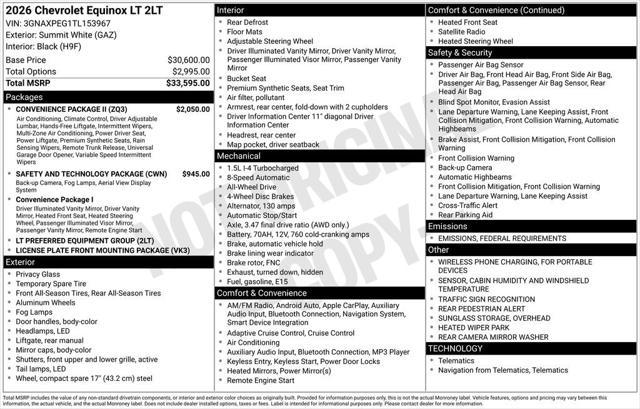 new 2026 Chevrolet Equinox car, priced at $33,990