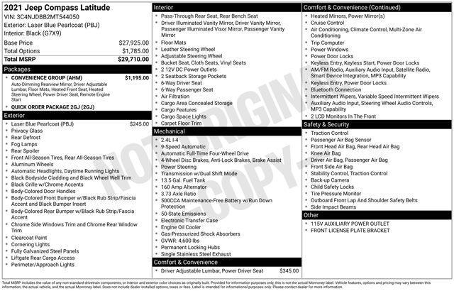 used 2021 Jeep Compass car, priced at $18,500