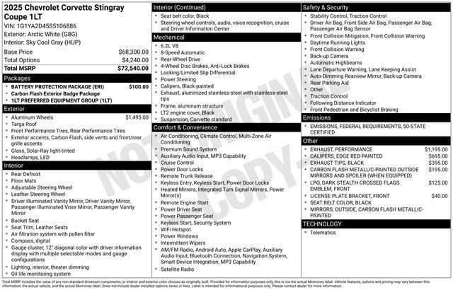 new 2025 Chevrolet Corvette car, priced at $73,195
