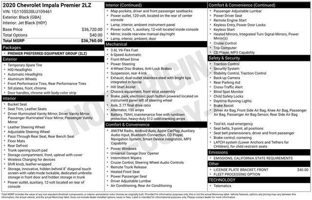 used 2020 Chevrolet Impala car, priced at $21,800