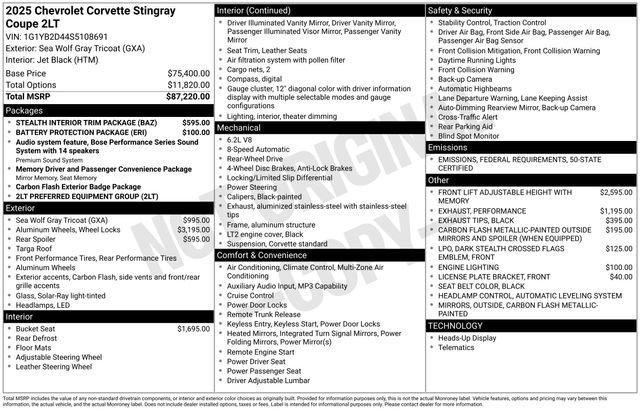 new 2025 Chevrolet Corvette car, priced at $87,875
