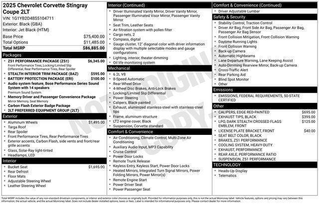 new 2025 Chevrolet Corvette car, priced at $87,540