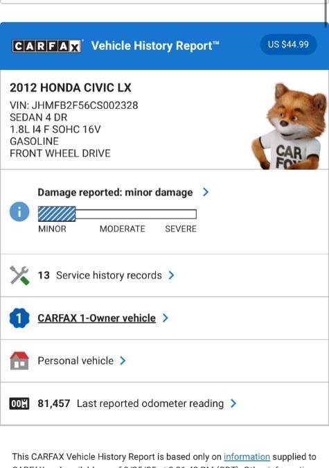 used 2012 Honda Civic car, priced at $9,944