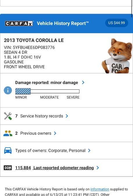 used 2013 Toyota Corolla car, priced at $8,844