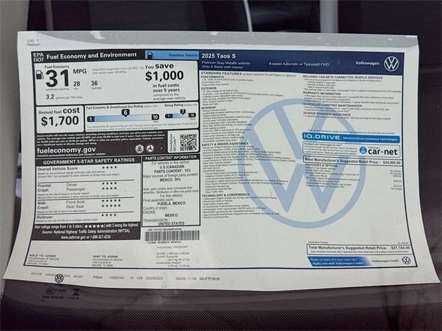 new 2025 Volkswagen Taos car, priced at $26,396