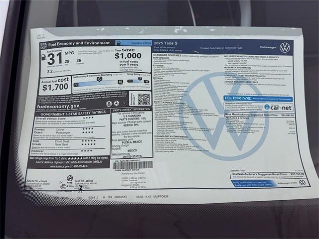 new 2025 Volkswagen Taos car, priced at $26,396