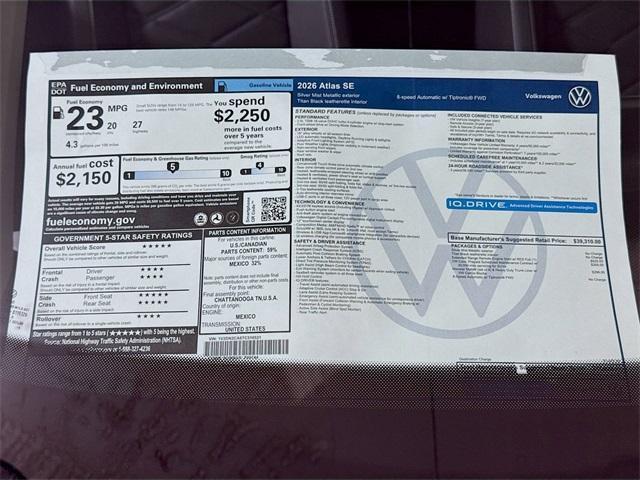 new 2026 Volkswagen Atlas car, priced at $40,911