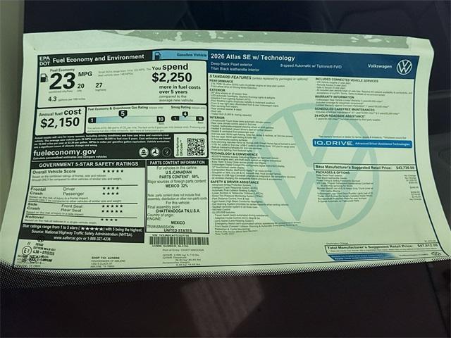 new 2026 Volkswagen Atlas car, priced at $44,823