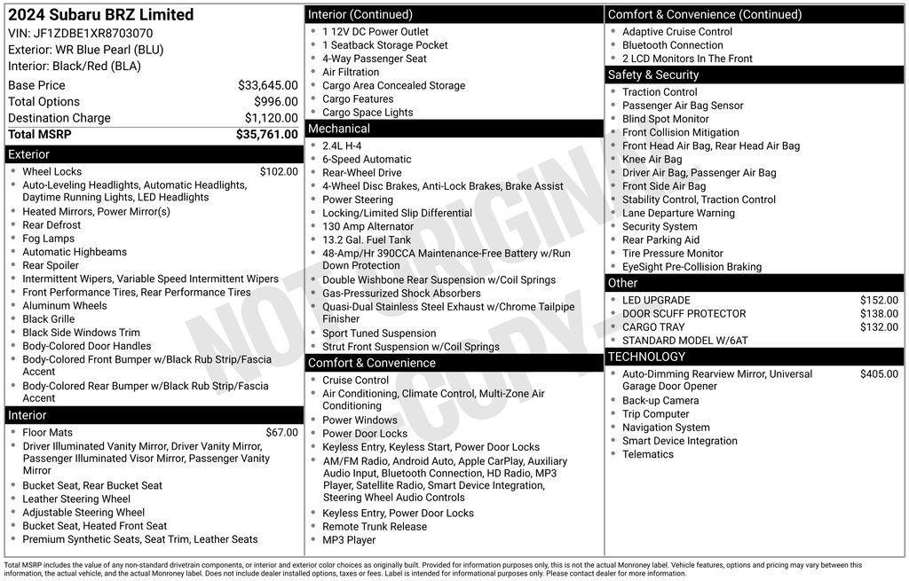 used 2024 Subaru BRZ car, priced at $28,500