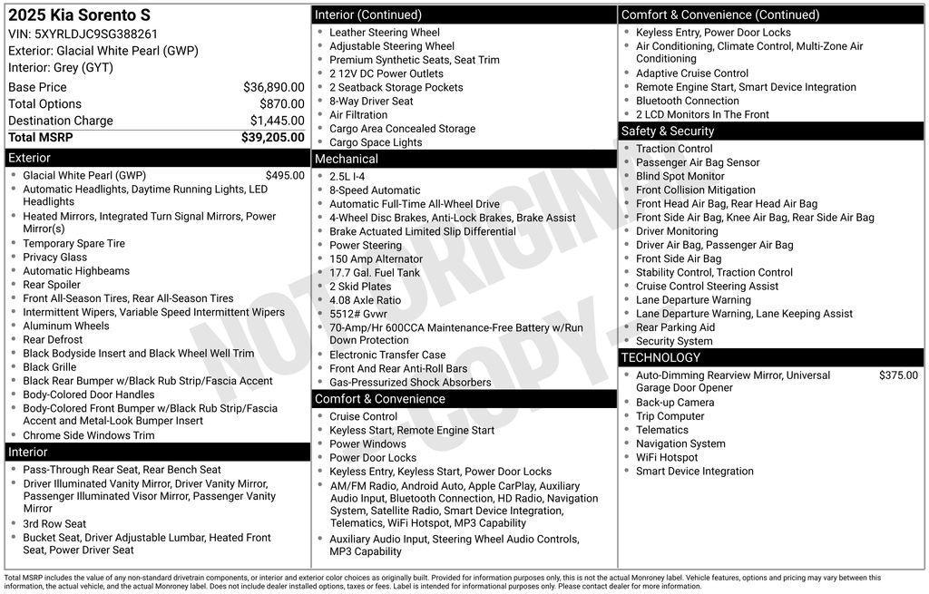 new 2025 Kia Sorento car, priced at $36,773
