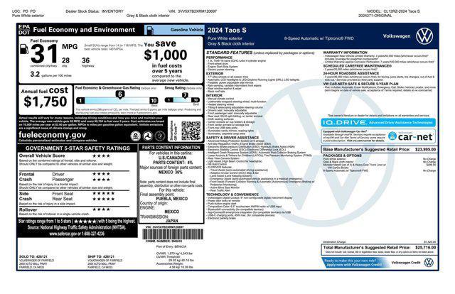 new 2024 Volkswagen Taos car, priced at $24,445