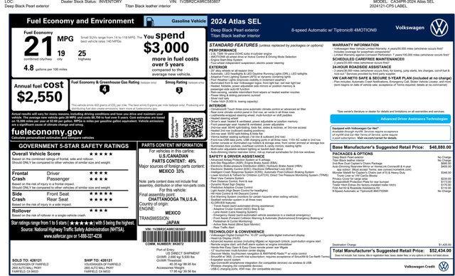 new 2024 Volkswagen Atlas car, priced at $48,257