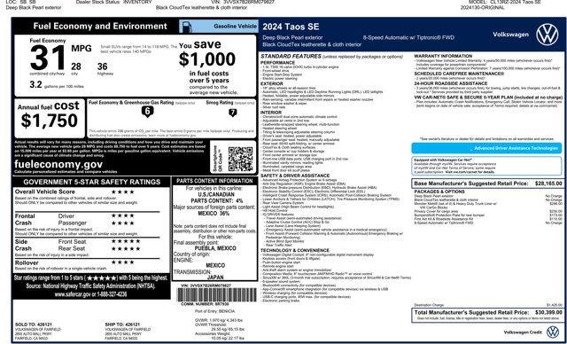 new 2024 Volkswagen Taos car, priced at $29,184