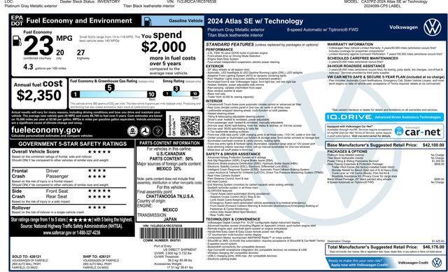 new 2024 Volkswagen Atlas car, priced at $42,569