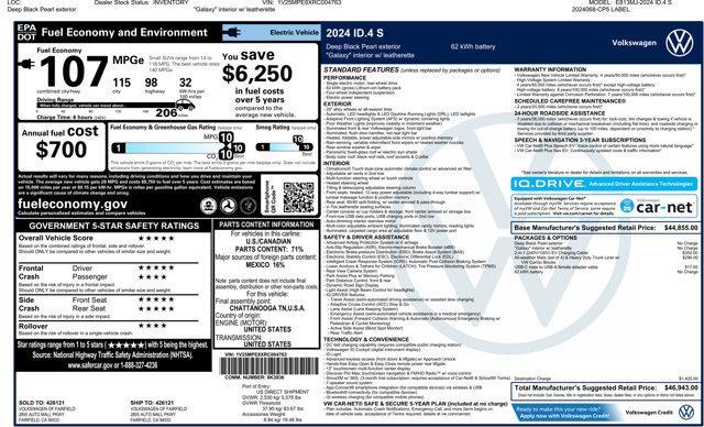 new 2024 Volkswagen ID.4 car, priced at $46,943