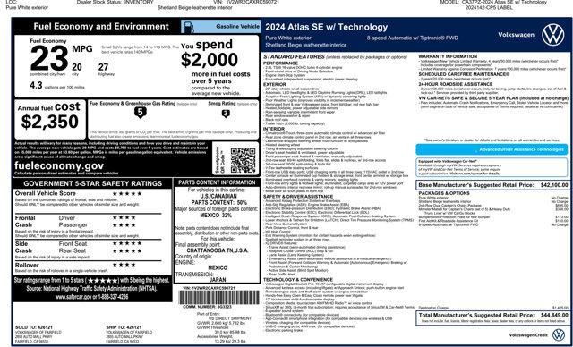 new 2024 Volkswagen Atlas car, priced at $41,295