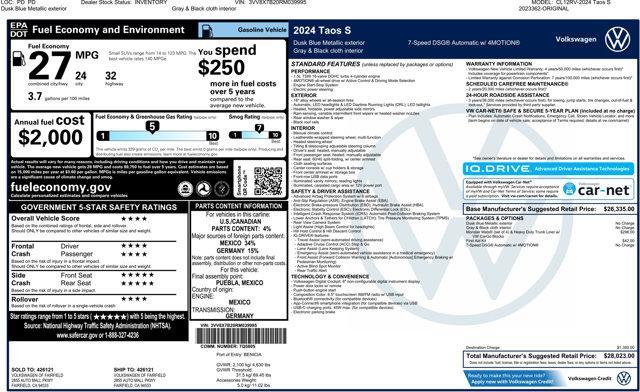 new 2024 Volkswagen Taos car, priced at $25,802